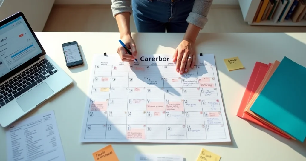 Profissional de departamento pessoal organizando prazos em grande calendário de março de 2026