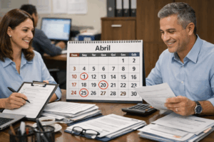 Profissional de departamento pessoal analisando calendário de abril com obrigações trabalhistas destacadas