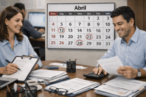 Profissional de departamento pessoal analisando calendário de abril com obrigações trabalhistas destacadas