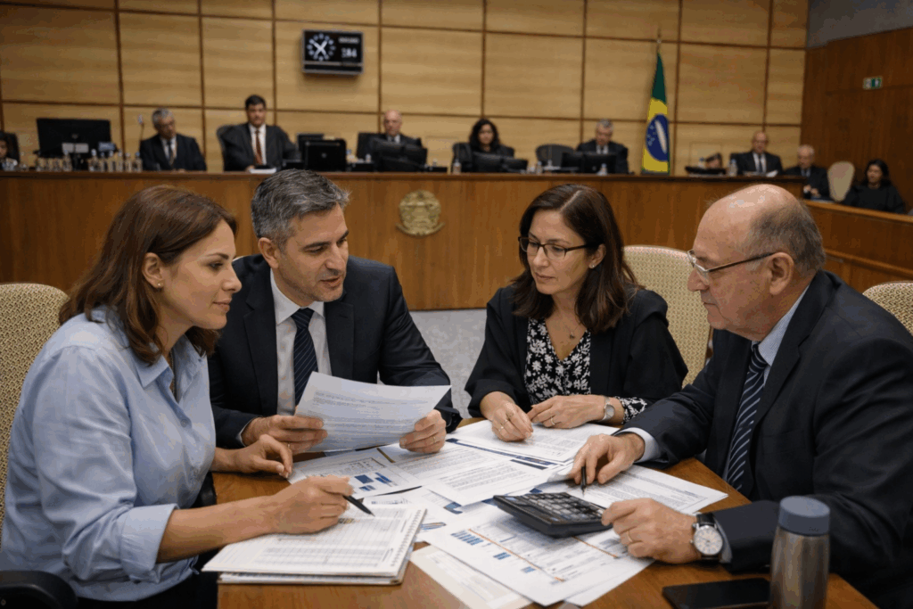 Profissional organiza documentos fiscais de ICMS sobre mesa com gráficos e carimbo de restituição