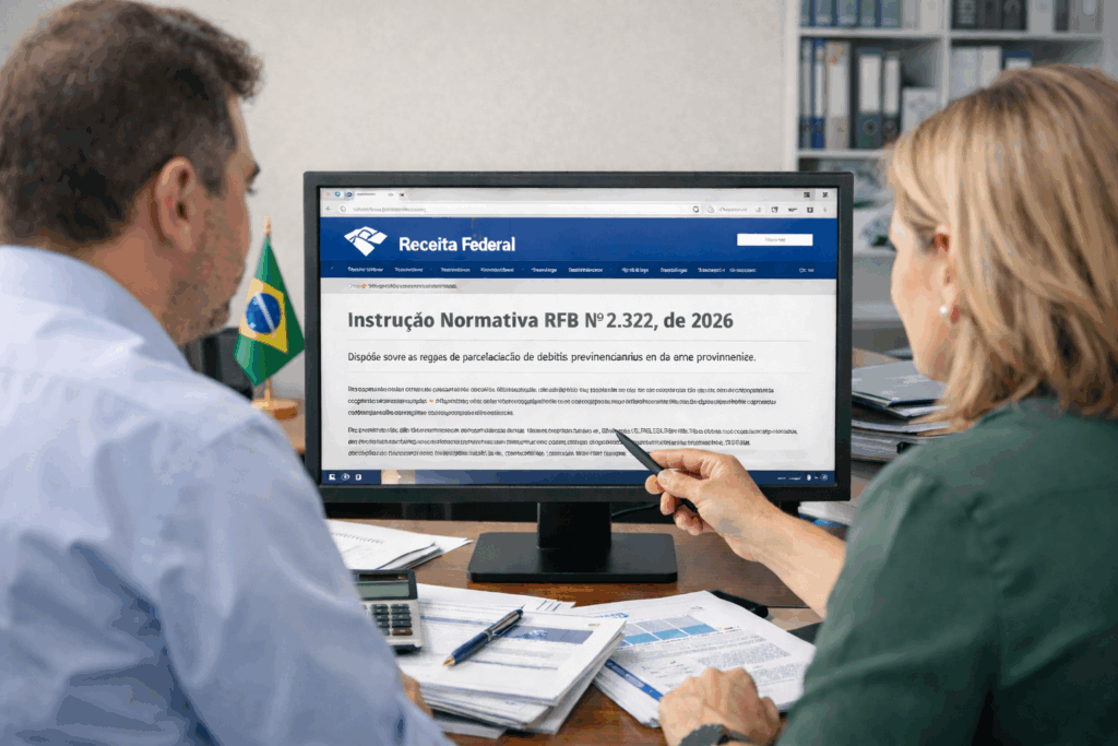 Equipe técnica em prefeitura analisando painel digital de parcelamento previdenciário 2026