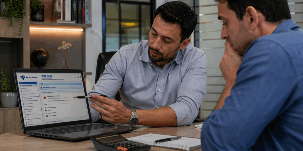 Contador analisa dados de imposto de renda no computador ao lado de trabalhadora preocupada