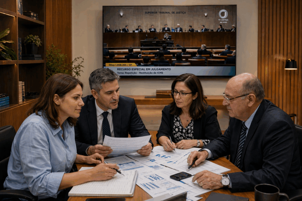 Profissional organiza documentos fiscais de ICMS sobre mesa com gráficos e carimbo de restituição