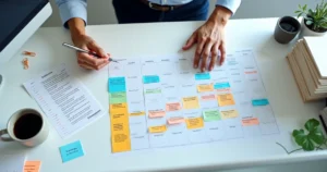 Profissional de departamento pessoal analisando calendário de abril com obrigações trabalhistas destacadas