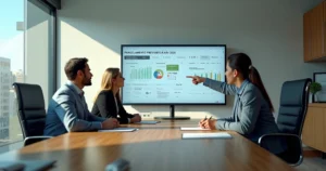Equipe técnica em prefeitura analisando painel digital de parcelamento previdenciário 2026