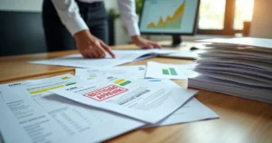 Profissional organiza documentos fiscais de ICMS sobre mesa com gráficos e carimbo de restituição