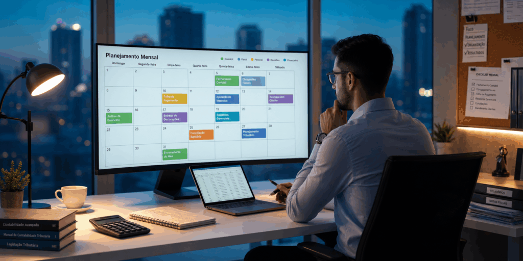 Profissional de departamento pessoal revisa calendário digital com prazos trabalhistas de maio