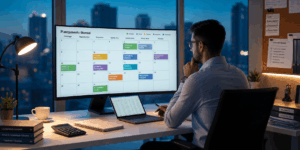 Profissional de departamento pessoal revisa calendário digital com prazos trabalhistas de maio