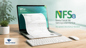 Profissional ajustando layout de DANFSe em várias telas com destaque para novas regras e prazos
