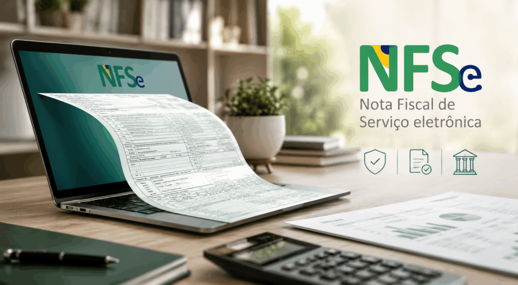 Profissional ajustando layout de DANFSe em várias telas com destaque para novas regras e prazos