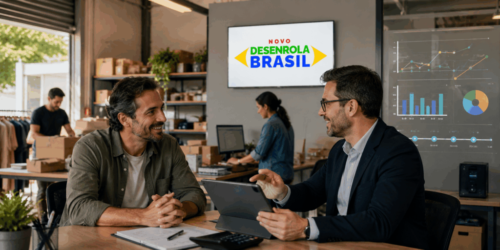 Dona de microempresa conversa com contador sobre renegociação de dívidas em ambiente profissional moderno