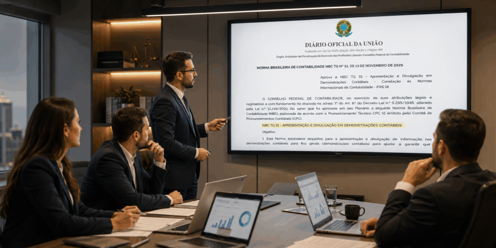 Analista contábil revisando DRE em painel digital com novas categorias de resultado