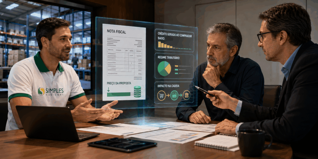 Vista superior de mesa com dois empresários comparando propostas com e sem crédito fiscal