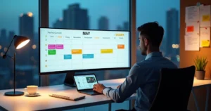 Profissional de departamento pessoal revisa calendário digital com prazos trabalhistas de maio