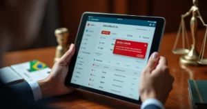 Juiz analisa extrato bancário bloqueado em tela digital com alerta vermelho