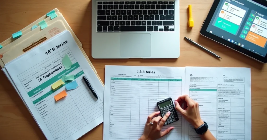 Tabela contábil com destaques em férias e afastamentos em escritório moderno