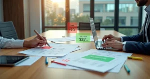 Vista superior de mesa com dois empresários comparando propostas com e sem crédito fiscal