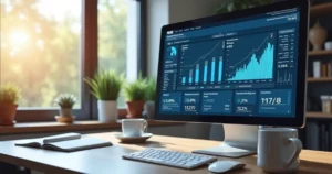 Computador moderno mostrando telas de software de automação contábil com gráficos e dados fiscais digitais