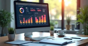Computador com software de automação contábil exibindo gráficos e dados fiscais sobre EFD-Reinf, em escritório moderno e organizado com papéis e documentos ao redor