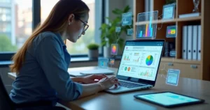Profissional contábil usando computador com dashboard de eSocial e gráficos de integração de sistemas