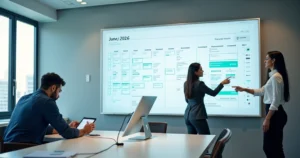 Equipe de departamento pessoal organizando calendário de junho com documentos trabalhistas em painéis digitais