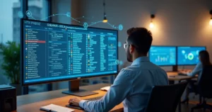 Profissional de departamento pessoal analisando espelho de ponto digital com alertas automatizados