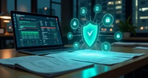 Escudo digital protegendo documentos fiscais sobre mesa de escritório