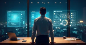 Gestor contábil observando três assistentes digitais em hologramas distintos