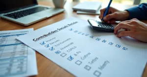 Checklist de contribuições sociais preenchido por profissional em mesa de escritório