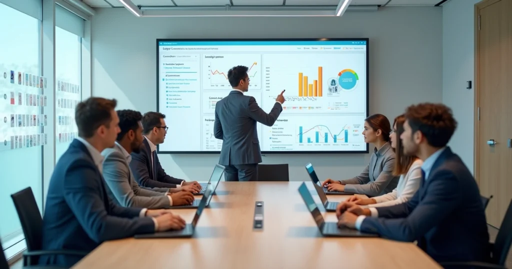 Equipe contábil em sala de treinamento com telas e gráficos digitais