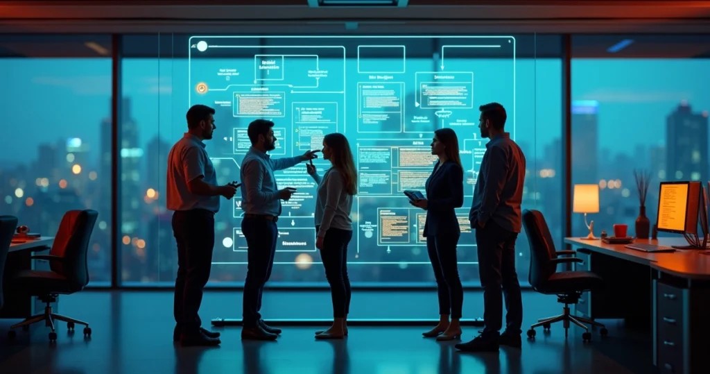 Equipe de TI e contabilidade redefinindo arquitetura de um ERP em quadro translúcido