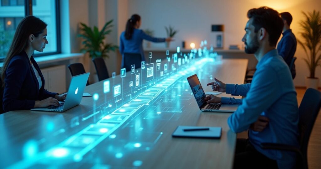 Fluxo de trabalho contábil organizado com post-its e ícones digitais