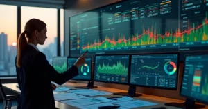 Gestora contábil analisa grande painel digital com métricas fiscais em destaque