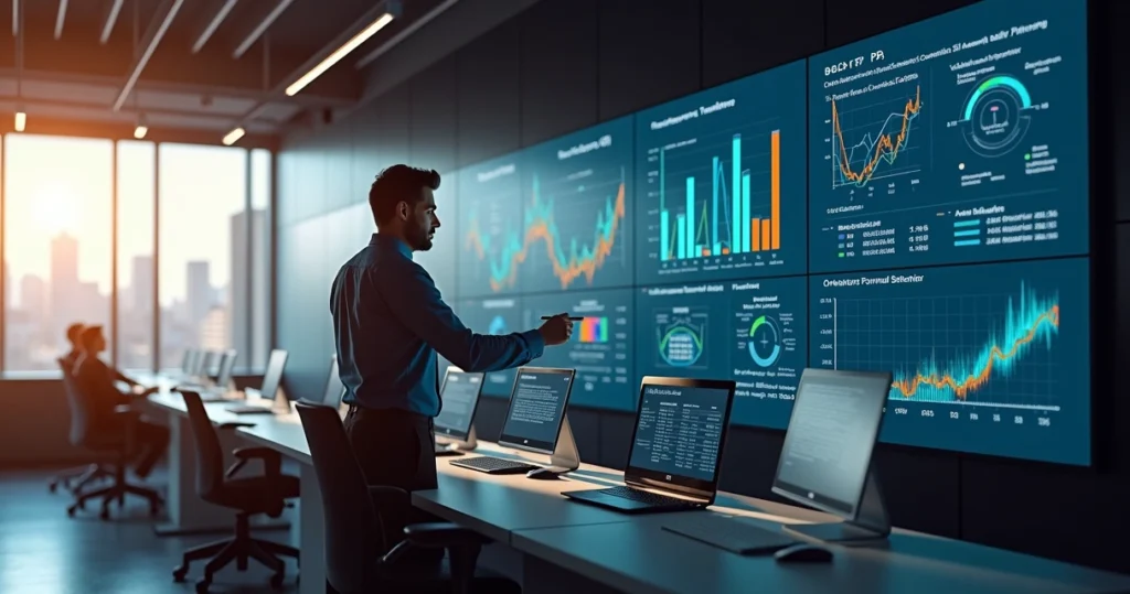 Gestor observa painel com KPIs de entregas em escritório corporativo moderno