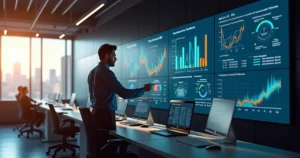 Gestor observa painel com KPIs de entregas em escritório corporativo moderno