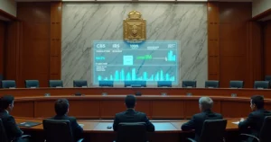 Plenário do TCU moderno com símbolos digitais de impostos e gráficos ao fundo