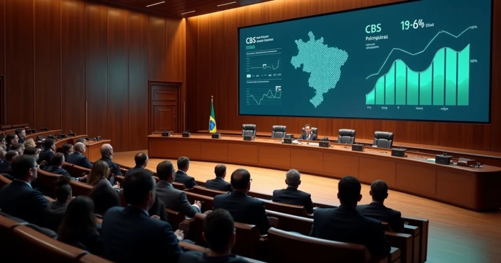 Plenário do TCU com painel digital sobre reforma tributária e alíquotas