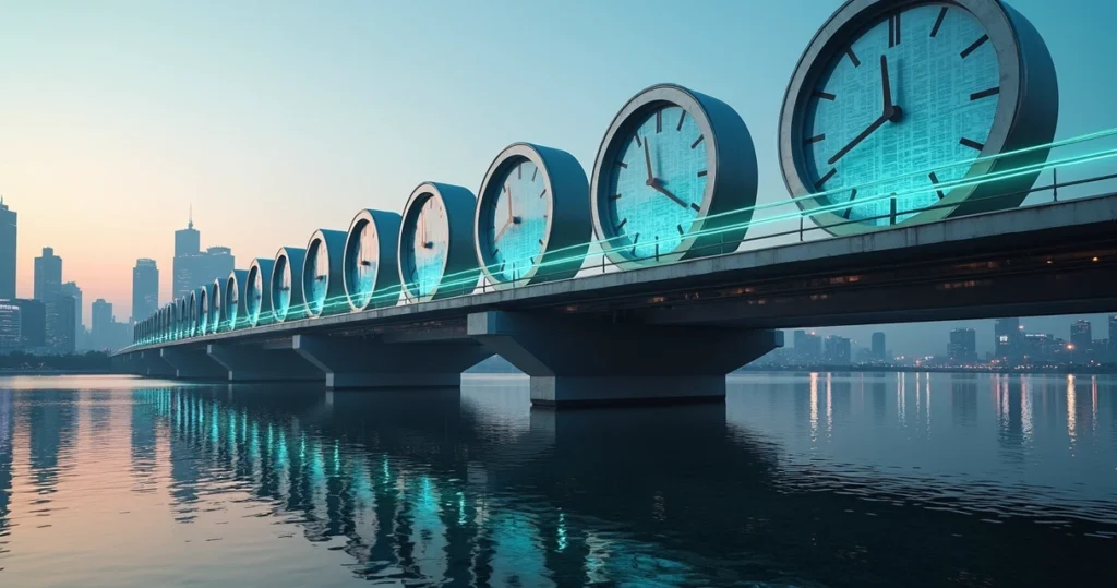 Ponte iluminada formada por relógios e documentos representando fluxo de prazos contábeis