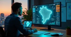 Consultor fiscal analisa créditos de impostos em mapa do Brasil digital