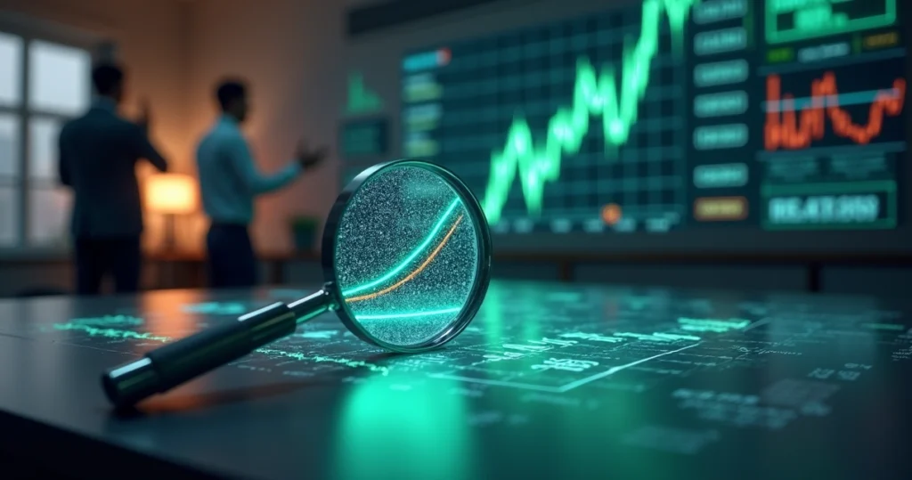Lupa focando trecho em destaque de gráfico financeiro em tela holográfica