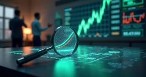 Lupa focando trecho em destaque de gráfico financeiro em tela holográfica