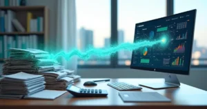 Fluxo digital automatizado transformando pilha de papéis em dados contábeis em tela
