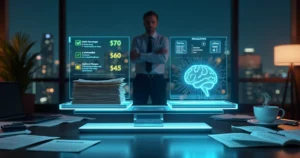 Contador diante de balança digital equilibrando código fiscal e circuito de IA