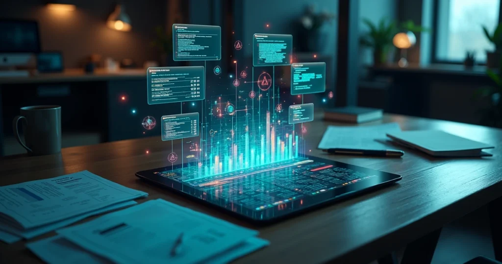 Fluxo de dados fiscais conectando documentos e painéis de auditoria digitais