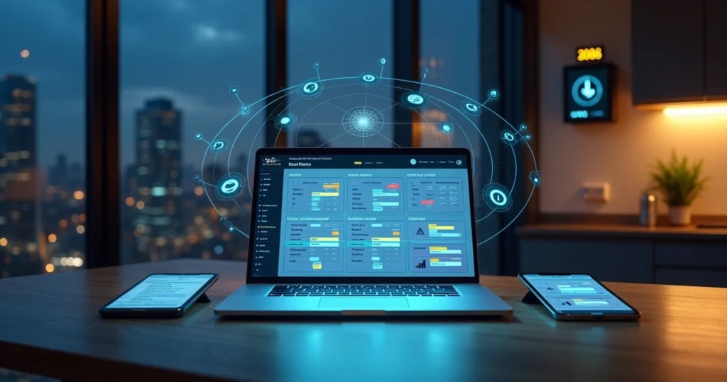 Assistente virtual de IA organizando tarefas contábeis diárias em múltiplos dispositivos