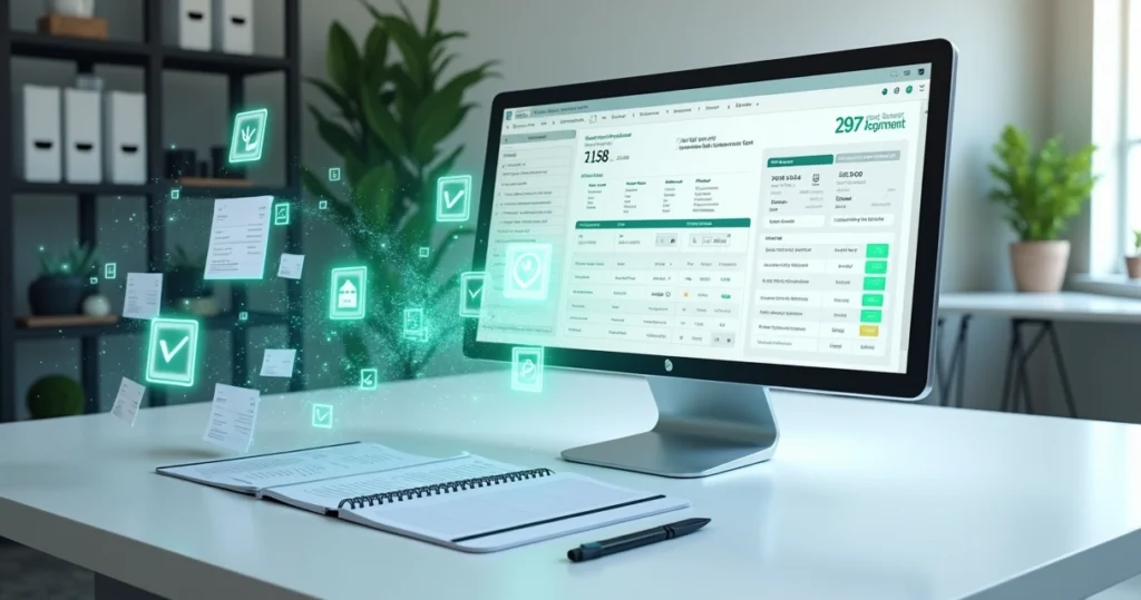 Dados financeiros fluindo de extratos para livros contábeis em cenário automatizado