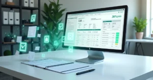 Dados financeiros fluindo de extratos para livros contábeis em cenário automatizado