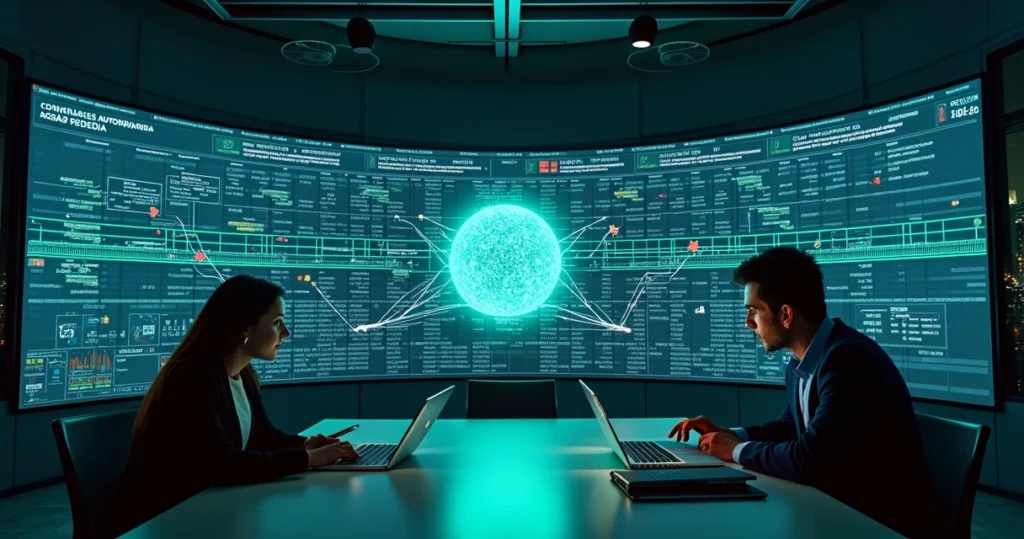 Painel contábil com múltiplos CNPJs conectados por inteligência artificial