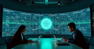 Painel contábil com múltiplos CNPJs conectados por inteligência artificial