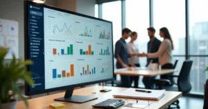 Dashboard de indicadores em mesa de escritório contábil com equipe ao fundo